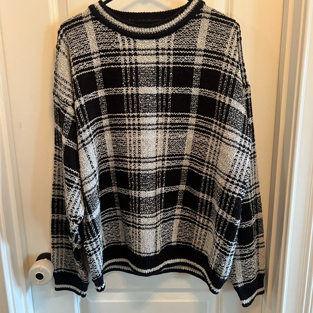 J.Ferrar Black and White Plaid boxy Crewneck Sweater size Large